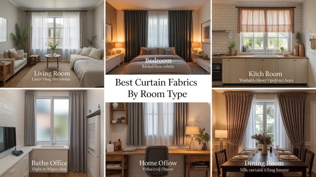 A labeled collage showing the best curtain fabrics by room type, including sheer linen for the living room, blackout velvet for the bedroom, washable polyester for the kitchen, vinyl for the bathroom, thermal curtains for the home office, and silk for the dining room—enhancing both style and functionality.