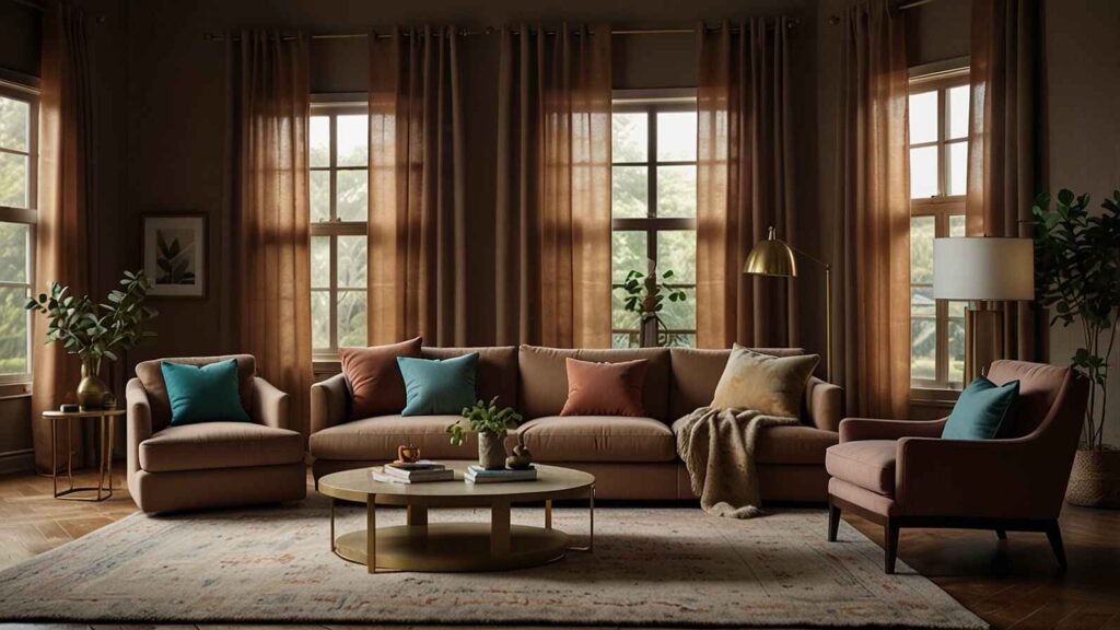 Modern living room showing the best curtain color that goes with brown walls, featuring floor-to-ceiling brown drapes, a neutral sofa, accent chairs, and colorful throw pillows.