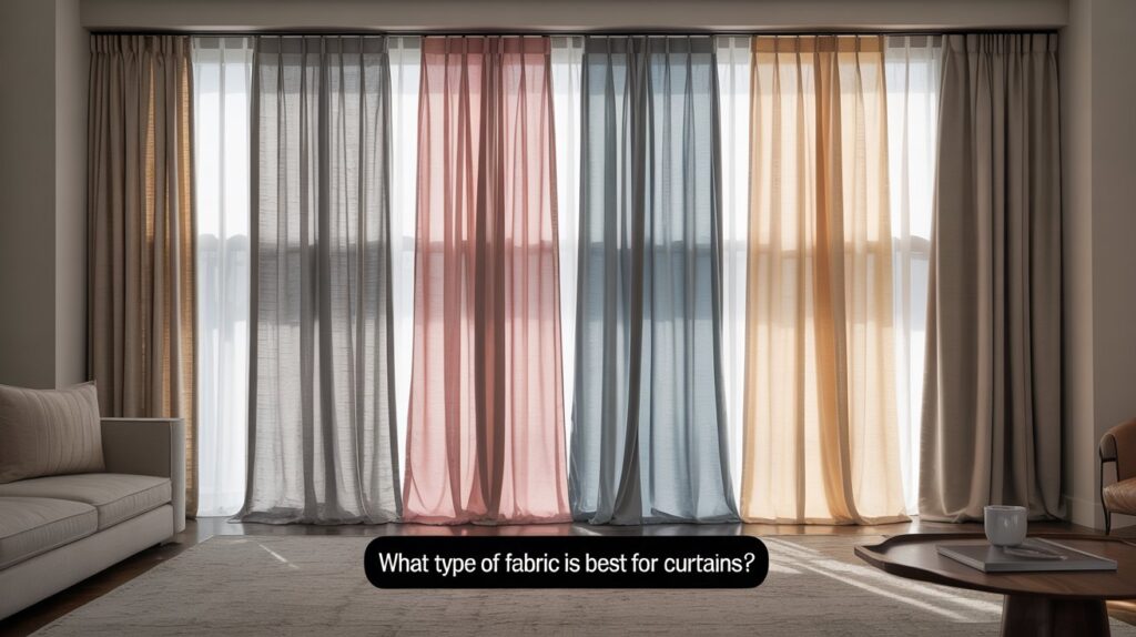 Modern living room showcasing different curtain fabrics in pastel colors, highlighting what type of fabric is best for curtains, including sheer, linen, and polyester options