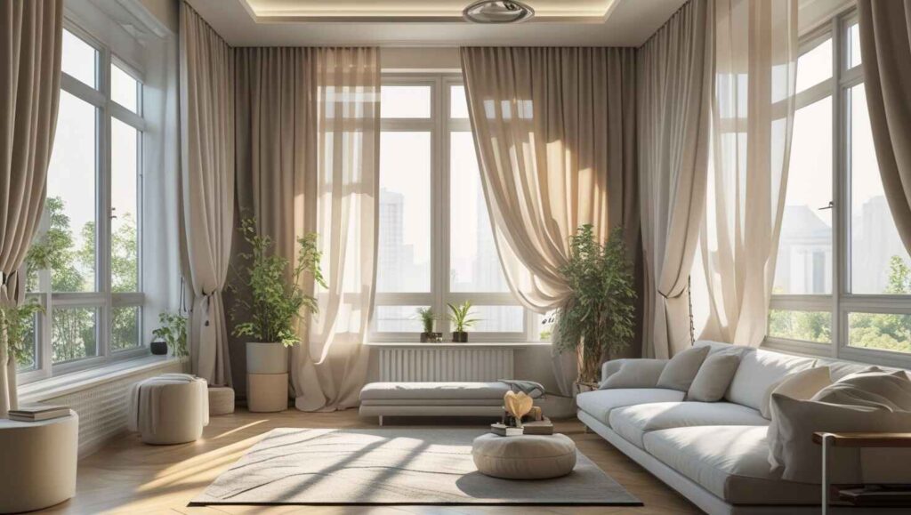 A modern cozy living room featuring large beige curtains designed as the best soundproof curtains, providing noise reduction and a peaceful atmosphere.