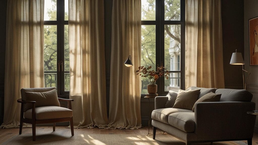 High-resolution comparison of blackout curtain fabrics—polyester, cotton, velvet, and linen—displayed side by side in a modern, well-lit home interior with natural sunlight highlighting their textures.