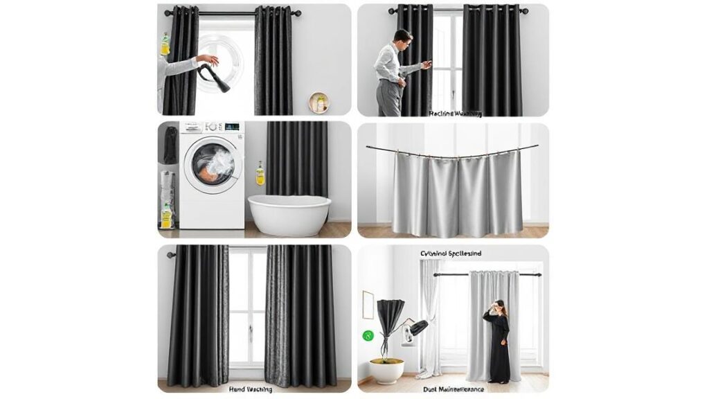 Step-by-step process of washing blackout curtains at home showing preparation, machine washing, hand washing, drying, spot cleaning, and dust maintenance in separate panels.
