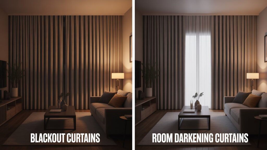 Side-by-side comparison of blackout curtains and room-darkening curtains in modern living rooms, showing the difference in light control and ambiance.