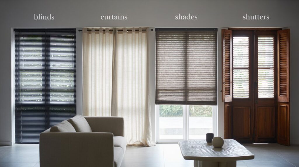 Blinds vs. curtains vs. shades vs. shutters comparison in a stylish living room, showcasing different window treatments and home decor ideas for modern interiors.