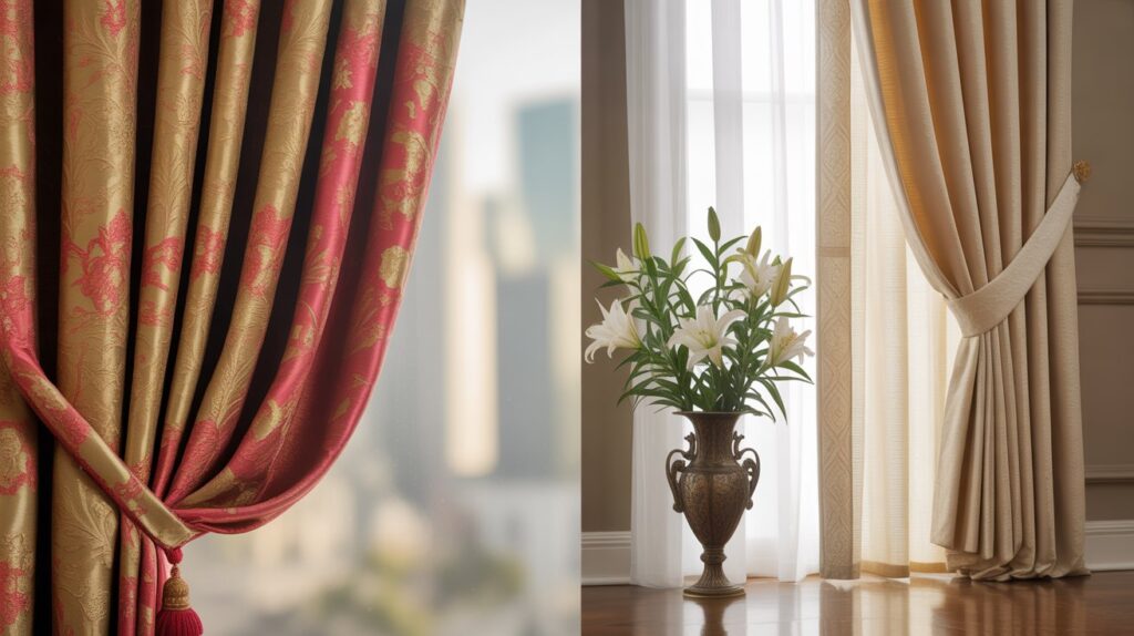 This image shows a side-by-side view of brocade and jacquard curtain styles: gold and red floral brocade on the left, and cream jacquard with subtle textured patterns on the right, all displayed in a stylish home interior.