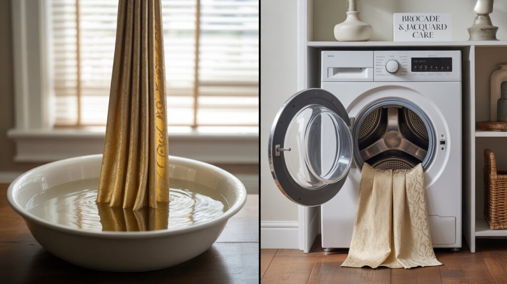 Split-view image showing care methods for brocade and jacquard curtains—gold brocade being hand-washed in a basin on the left, and ivory jacquard placed in a washing machine on the right, both emphasizing delicate cleaning and rich fabric textures.
