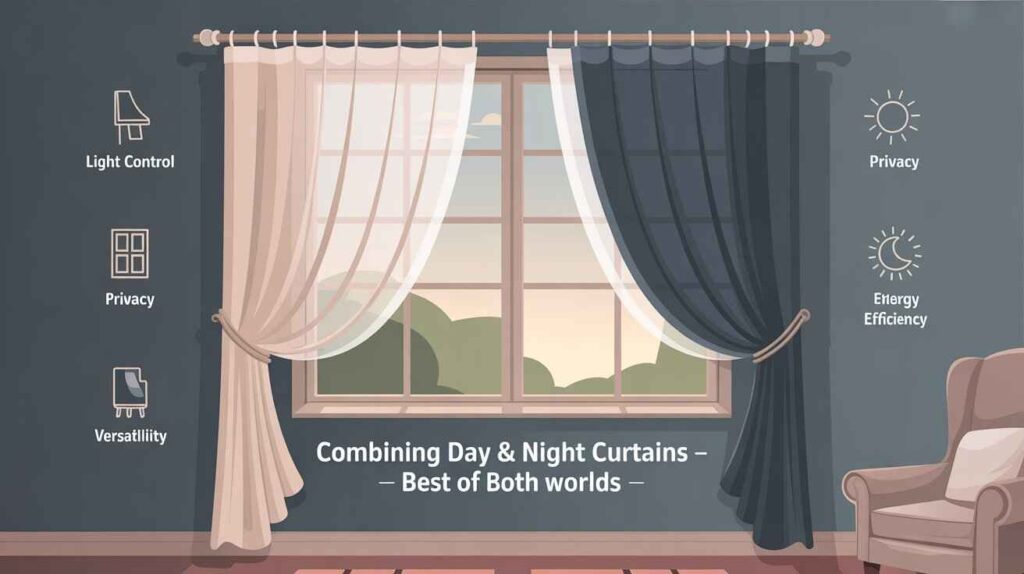 An infographic of day and night curtains showing sheer fabric for light and blackout curtains for privacy, with icons for light control, privacy, versatility, and energy efficiency.
