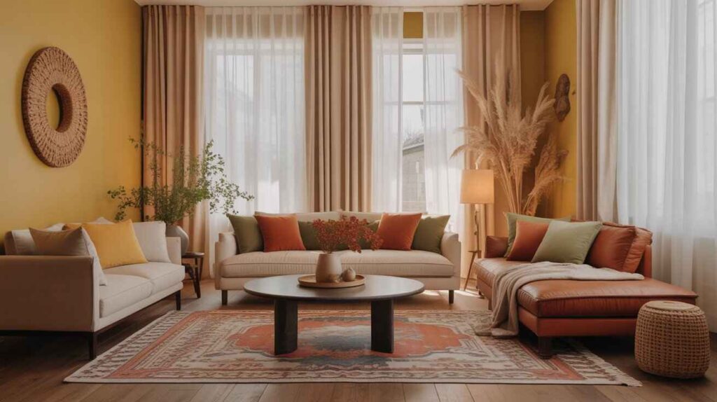 A cozy living room with soft yellow walls, cream and beige curtains, brown furniture, terracotta and sage green cushions, and a patterned rug. Natural light enhances the warm, inviting, and modern atmosphere.