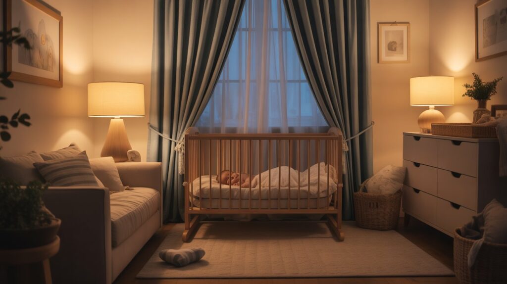 A warm and cozy nursery featuring fully closed blackout curtains, softly glowing night lamps, and a baby sleeping peacefully in a wooden crib. The safe setup creates a calm, child-friendly sleep environment.