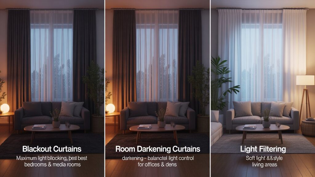 Side-by-side comparison of blackout, room-darkening, and light-filtering curtains in three modern living rooms. Blackout curtains shut out almost all light, room-darkening ones dim it, and light-filtering ones brighten spaces. Ideal visual guide for choosing curtain types based on light control and room purpose.