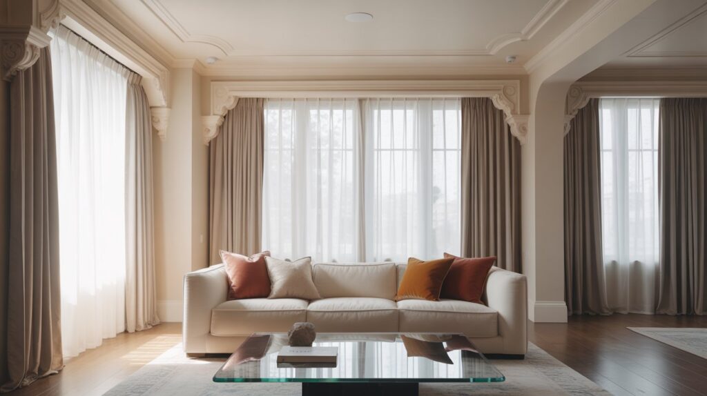 Bright living room with crown molding and decorative cornices used to hide curtain hardware, blending modern and traditional design elements.