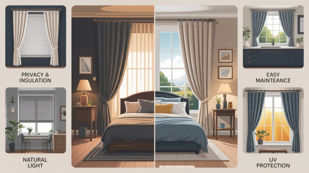 Collage-style interior illustration comparing lined and unlined curtains in different rooms, showing privacy and insulation in a bedroom, natural light in a living room, easy maintenance in a kitchen, and UV protection for large windows.
