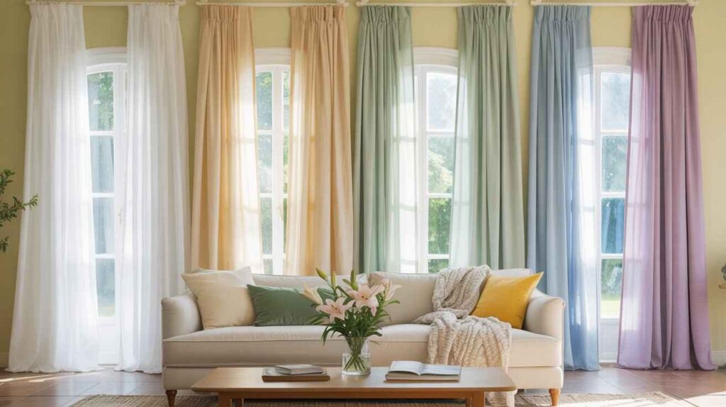 A stylish living room with pale yellow walls and curtains in multiple colors, including white, cream, sage green, soft blue, and lavender, paired with a cozy sofa, cushions, and natural light.