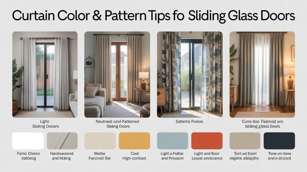 An infographic showing curtain color and pattern tips for sliding glass doors with examples of light vs dark, solid vs patterned, and mood styling options.