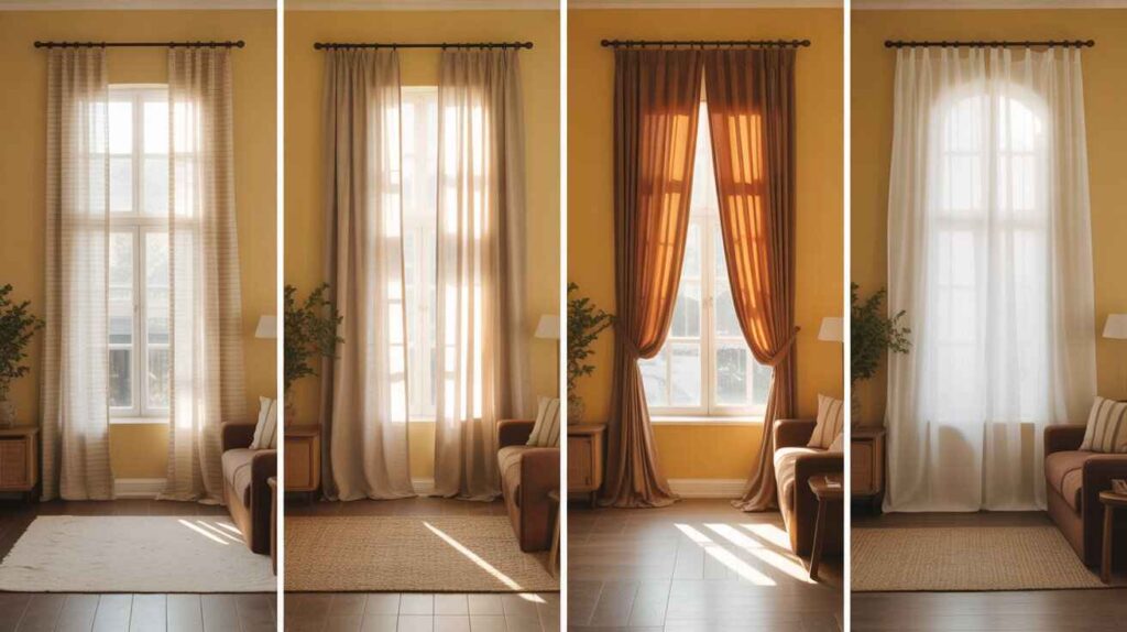 A living room with yellow walls displaying four curtain fabric styles side by side: cotton curtains with subtle patterns, linen curtains with a relaxed texture, velvet curtains in rich folds, and sheer curtains letting in natural light. Brown furniture and cozy rugs complete the interior.