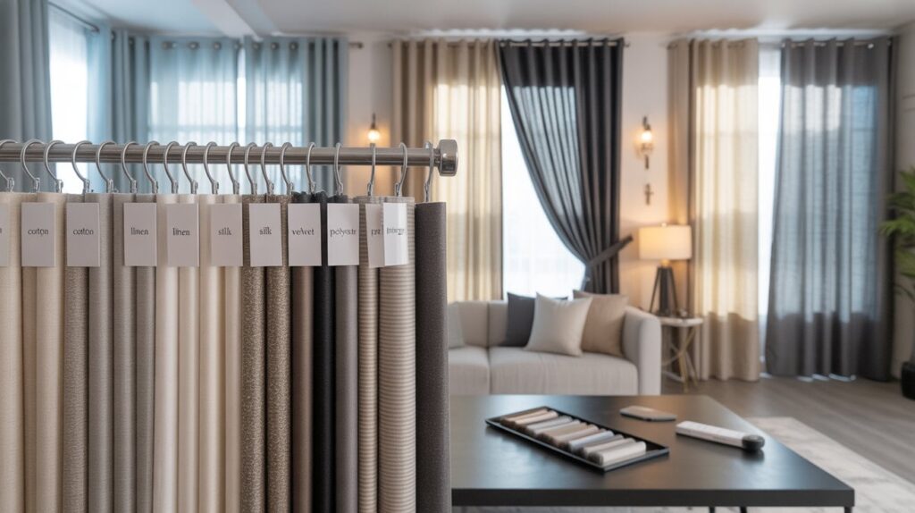 Modern interior design studio display with labeled curtain fabric samples, including cotton, linen, silk, velvet, and polyester, alongside a styled living room showing sheer, blackout, thermal-lined, and motorized curtains for texture, insulation, and functional comparison.