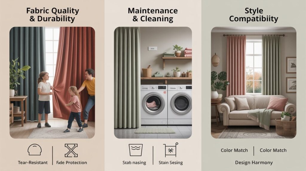 Infographic showing three sections about curtains: fabric quality and durability with tear resistance and fade protection, maintenance and cleaning with machine washability and stain resistance, and style compatibility with color matching and design harmony in home décor.