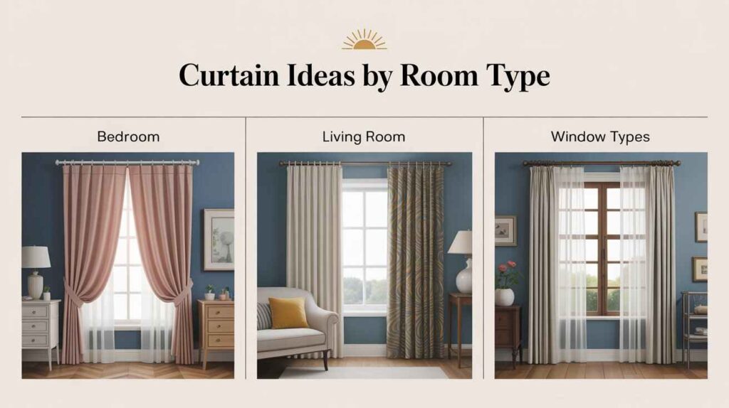 Realistic infographic showing curtain ideas by room type with blue wall backgrounds, including bedroom curtains, living room curtains, and window-style curtains.