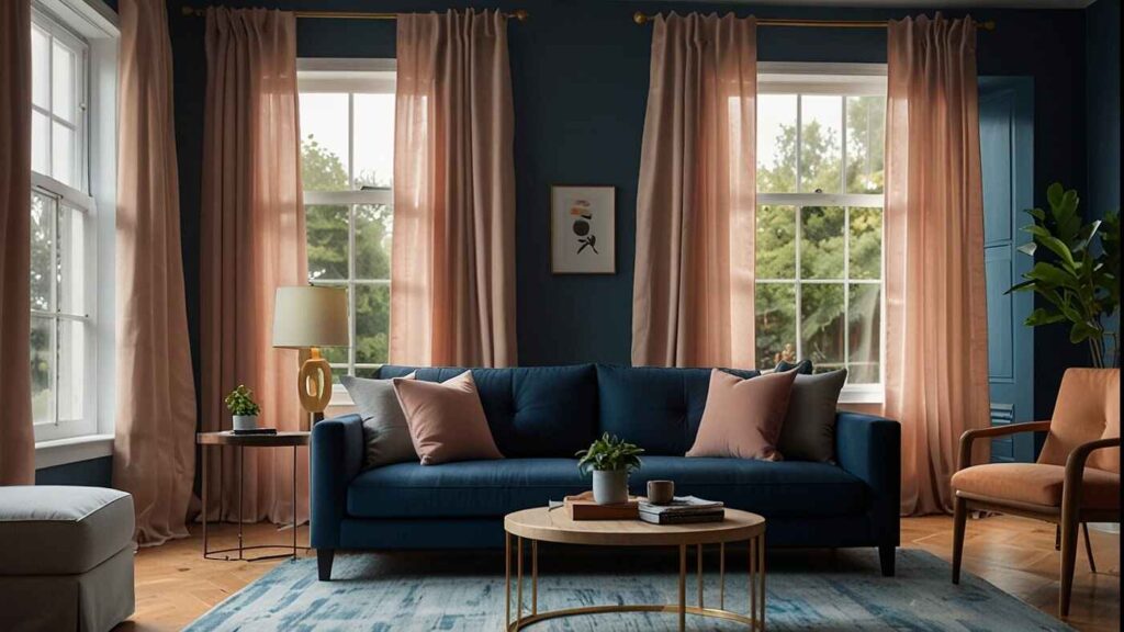 Modern living room with curtain ideas for blue walls, featuring soft pink drapes paired with a navy blue sofa, wooden coffee table, and large windows allowing natural light.
