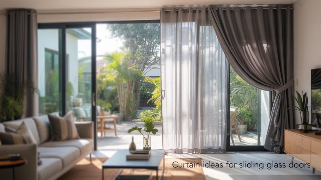 Curtain ideas for sliding glass doors with gray blackout drapes layered over sheer curtains in a modern living room.