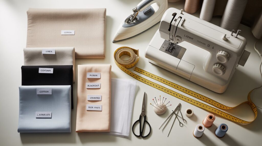 Flat lay of curtain sewing tools and fabrics, including cotton, linen, blackout, and sheer fabric swatches, white lining fabric, a sewing machine, measuring tape, fabric scissors, a pincushion with pins, spools of thread, and an iron on a bright work table.