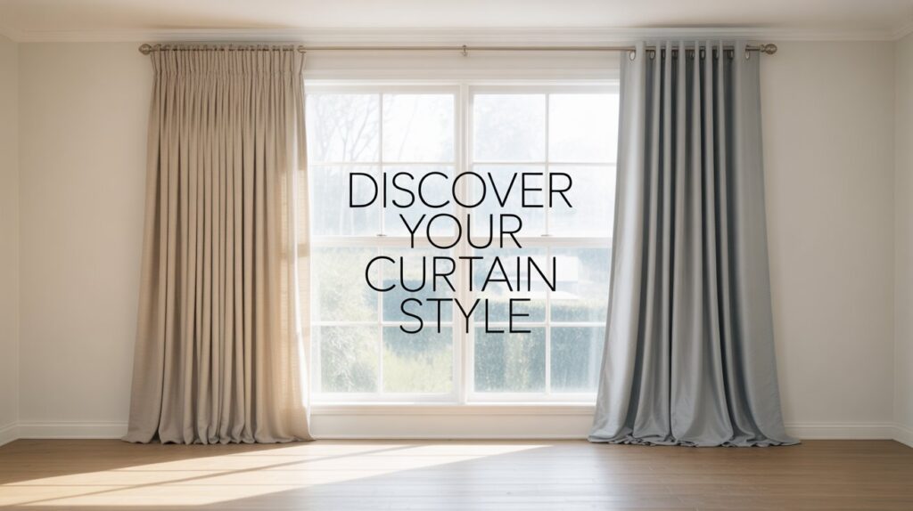 A side-by-side comparison of two different curtain styles on a large window—pleated beige curtains on the left and grommet-top gray curtains on the right, in a modern minimalist room.