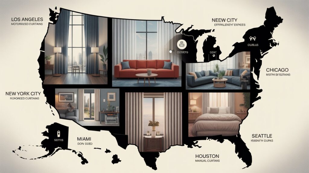 Infographic map of the USA comparing motorized vs. manual curtains in major cities. Los Angeles shows motorized curtains, New York City manual curtains, Chicago a mix of both, Miami with motorized sun-blocking curtains, Houston with suburban motorized curtains, and Seattle with eco-friendly manual curtains. Icons highlight cost, energy efficiency, and convenience for each location.