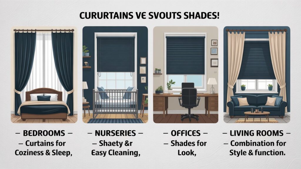 Infographic comparing curtains and shades for different rooms: blackout curtains in bedrooms for coziness and sleep, blackout shades in nurseries for safety and easy cleaning, roller shades in home offices for a modern look, and layered curtains with shades in living rooms for style and function.
