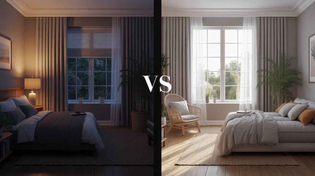 Side-by-side comparison of day curtains vs. night curtains in a modern bedroom, showing the difference between sheer daylight curtains and blackout night curtains.
