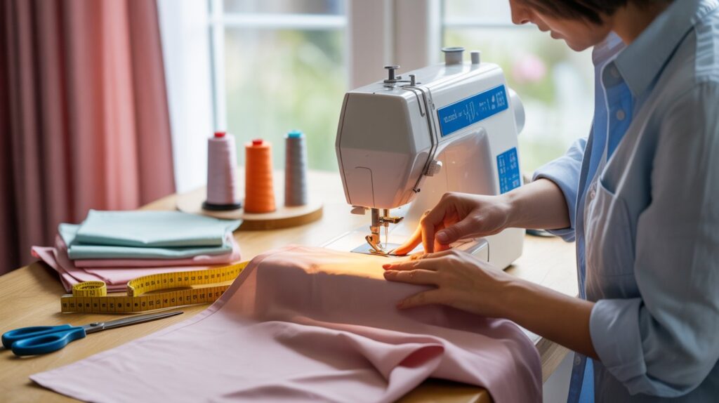 Person sewing pink curtain fabric on a sewing machine during a DIY home curtain-making project

