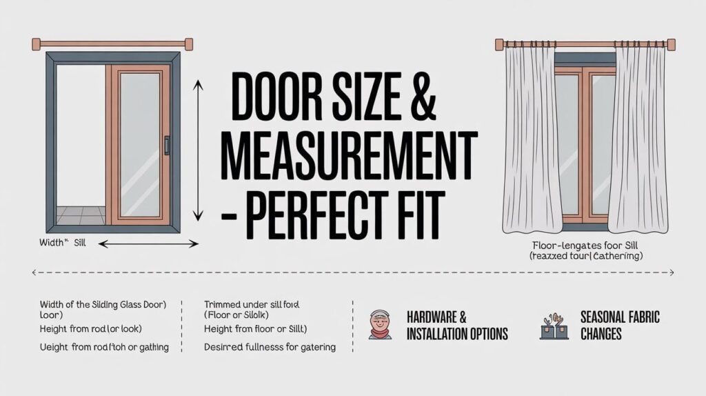 Infographic showing door size and measurement for sliding glass door curtains with width, height, fullness checklist, curtain styles, hardware, and seasonal fabric options.