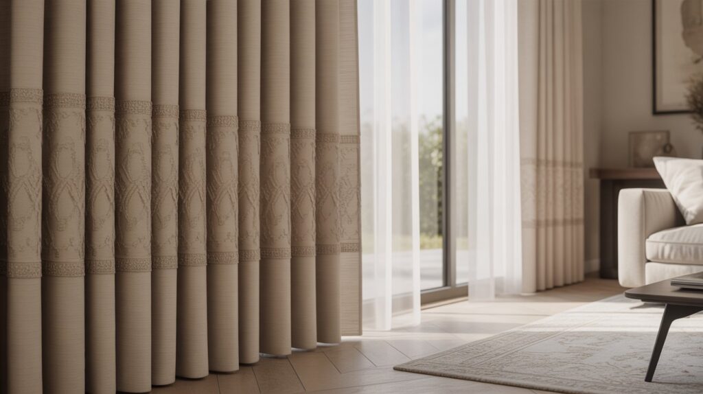 Modern living room with soft beige jacquard curtains featuring intricate woven patterns, hanging in smooth pleats beside sheer panels, paired with neutral furniture and a decorative rug for a warm, inviting atmosphere.