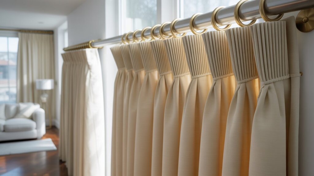 Elegant pinch pleat curtains with double and triple pleats in an ivory fabric, hanging on curtain rings in a sunlit modern living room.