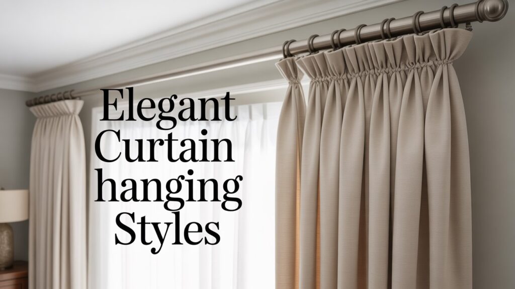A stylish bedroom featuring elegant rod pocket curtains with a classic gathered top hanging from a metal rod. Soft folds create a refined look, with minimal background and soft lighting.