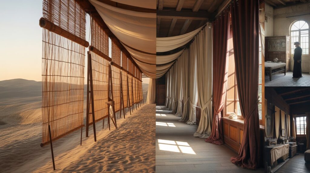 A high-resolution historical collage illustrating the evolution of curtains and drapes—from ancient Egyptian reed shades in a desert setting to medieval wool hangings and Victorian velvet drapes—blending eras with warm, atmospheric lighting.