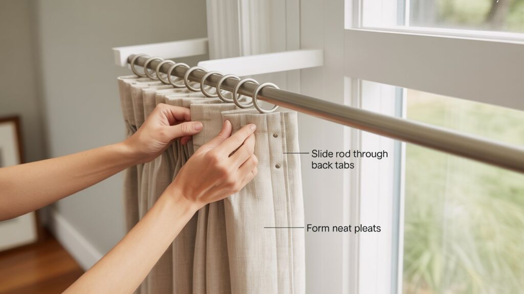 Close-up of hands sliding a curtain rod through back tabs on beige curtains, forming neat pleats near a window in a modern interior.