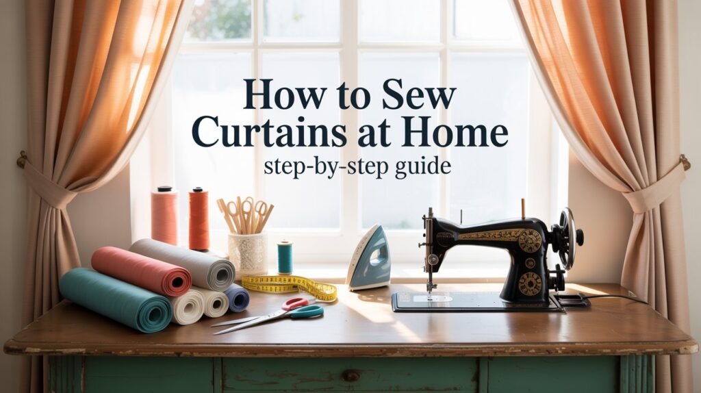Bright home sewing setup with a vintage sewing machine, colorful curtain fabric rolls, scissors, measuring tape, and iron on a wooden table in front of a window with handmade curtains—DIY curtain-making guide