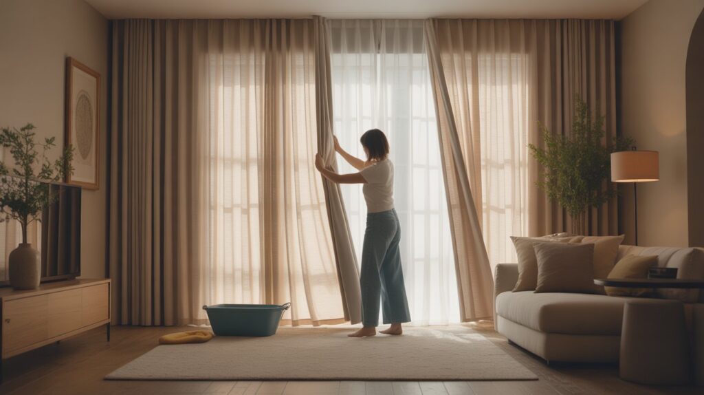 A woman is carefully adjusting blackout curtains in a cozy living room, with a wash bucket and cloth nearby, which illustrates the process of washing blackout curtains at home.