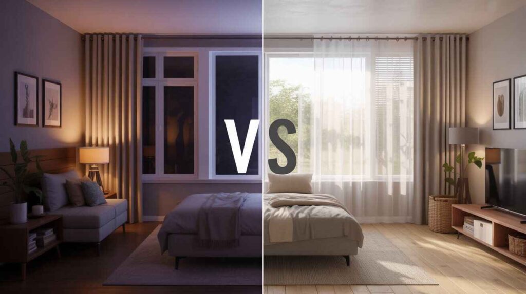 Comparison of light-filtering sheer curtains and blackout curtains, showing how each impacts natural light, privacy, and insulation in a stylish bedroom.