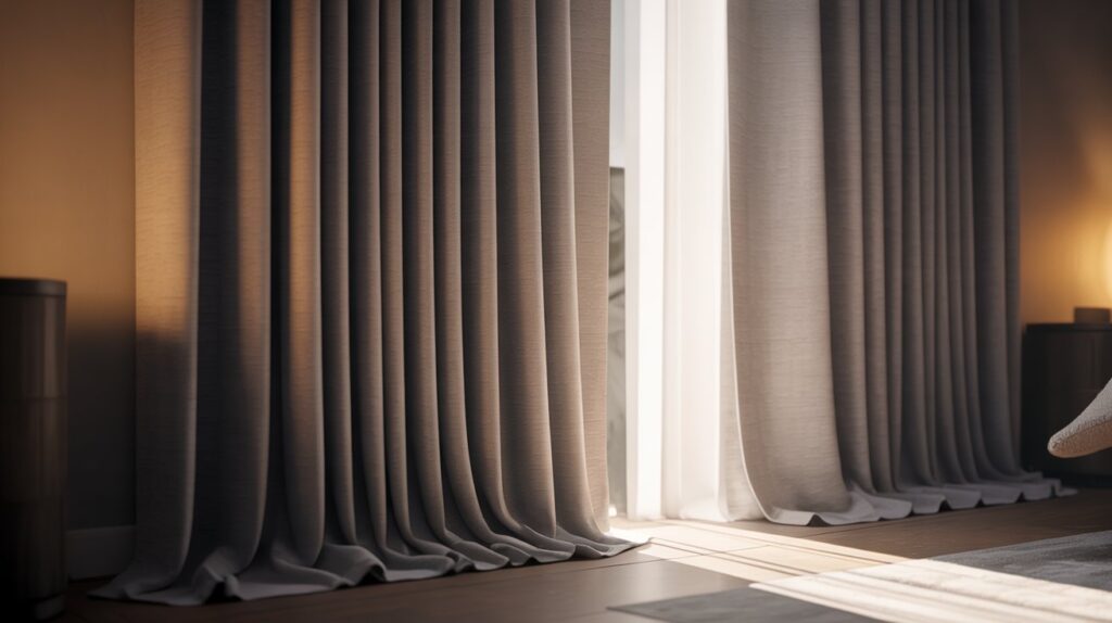 Photorealistic image of lined curtains in a modern bedroom, showing thick fabric lining for insulation, light blocking, noise reduction, and privacy with warm cozy lighting.