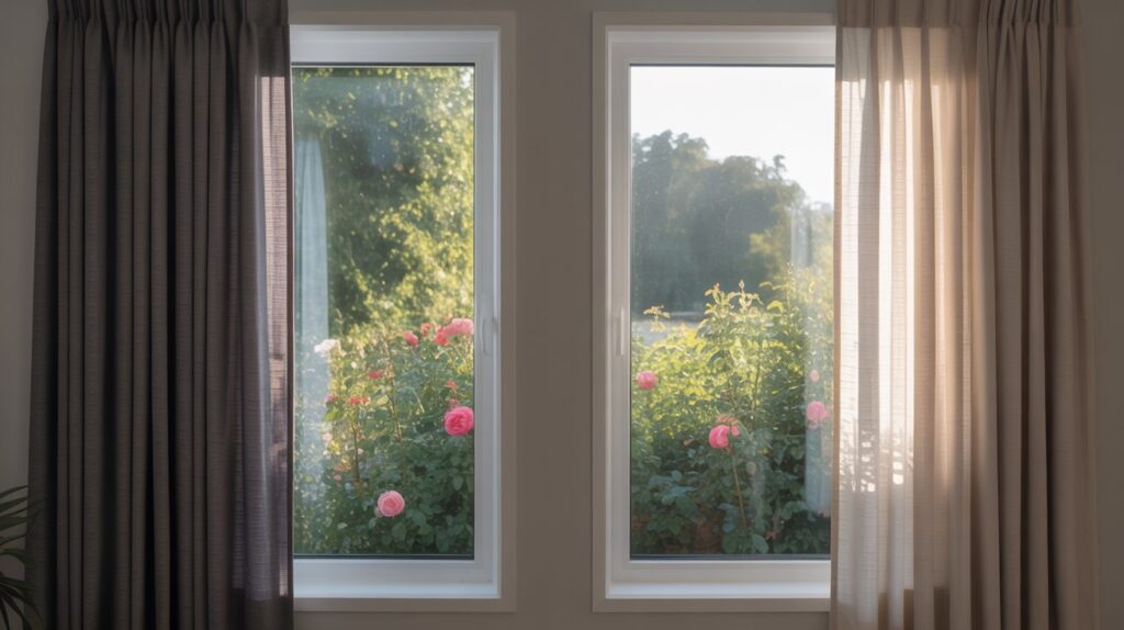 Side-by-side comparison of lined vs. unlined curtains, with dark lined curtains on the left and light unlined curtains on the right, showing sunlight and pink flowers through the windows.