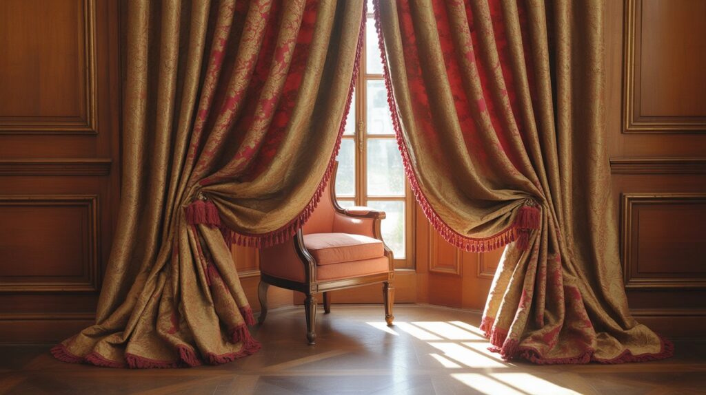 Luxurious gold and deep red brocade curtains with intricate floral patterns, draped in full pleats beside antique-style furniture and polished wood paneling in a warm, sunlit living room.