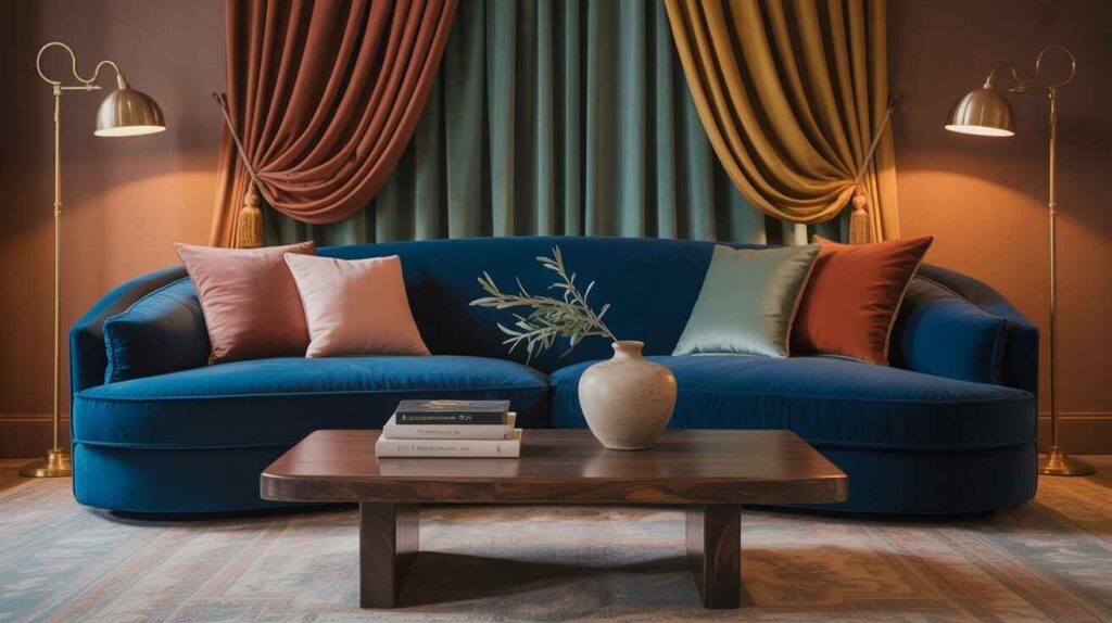 Cozy living room with a blue velvet sofa, earthy curtains, pastel cushions, a wooden table, and warm indoor lighting.