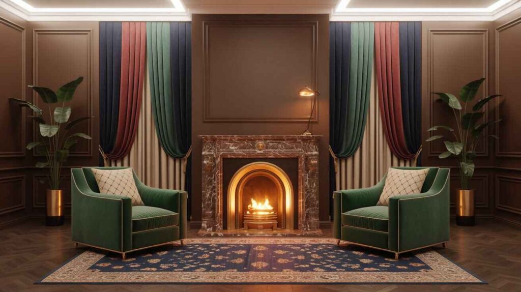 A luxurious living room with dark brown walls, elegant curtains in emerald green, navy, teal, burgundy, and cream, velvet fabrics, layered drapes, a plush rug, green armchairs, a marble fireplace, indoor plants, and warm ambient lighting creating a cozy and sophisticated atmosphere.
