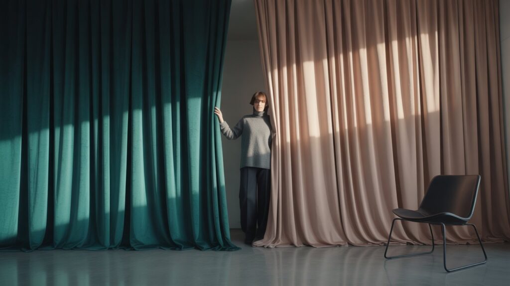 A person in a stylish living room examining luxurious curtain fabrics, comparing texture and elegance for home decor inspiration.