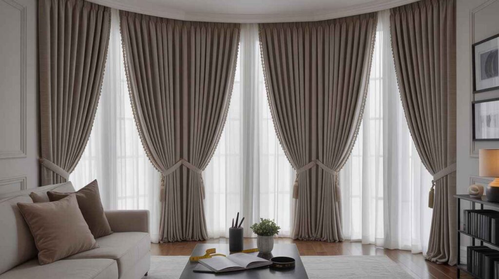 A luxurious living room with bay windows styled with custom-made curtains featuring blackout lining, thermal insulation, and premium fabric drape, symbolizing bespoke craftsmanship and energy-efficient elegance.