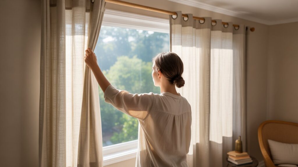 A woman in a cozy living room manually pulling open light-colored curtains on a window, highlighting a simple and traditional curtain style with natural daylight streaming in.