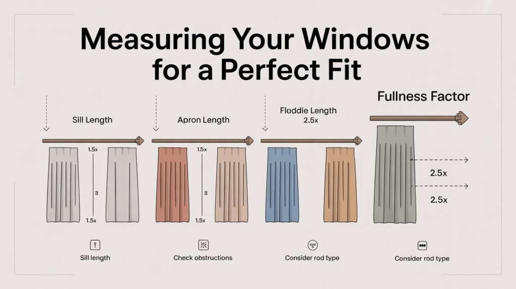 "Infographic-style diagram titled ‘Measuring Your Windows for a Perfect Fit.’ It shows four curtain length options—sill length, apron length, floor length, and puddle length—with rods, dimension lines, and measurements in inches. On the right, a ‘Fullness Factor’ section illustrates 1.5x, 2x, and 2.5x fabric widths with gathered curtain examples. Along the bottom, three icons indicate tips: check obstructions, consider rod type, and match style to function. All labels are bold and clear for easy reading.