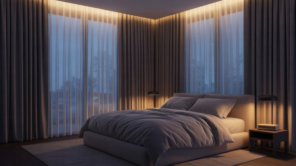 A modern bedroom with blackout curtains made of layered polyester fabric and thermal lining, blocking sunlight for a dark, cozy, and energy-efficient sleep environment.