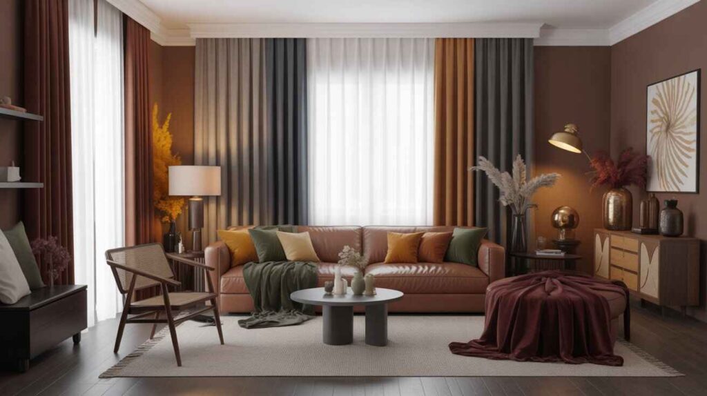 Modern cozy living room with brown walls, layered curtains in warm and neutral tones, a leather sofa with colorful cushions, and stylish decor accents.